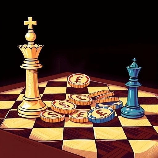 棋盤上排列著貨幣符號，象徵中央銀行的決策