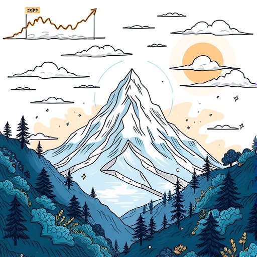 一座山脈在雲霧中露出山頂的插圖