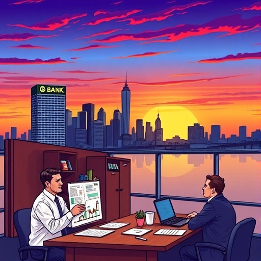 充滿活力的城市天際線與日落時的銀行大樓。