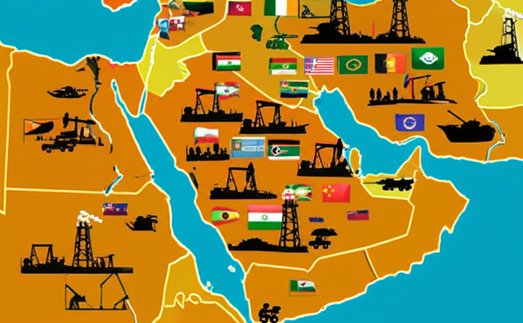 中東石油地圖插圖,展示油井、國家符號和軍事輪廓代表區域衝突與大國能源利益交織