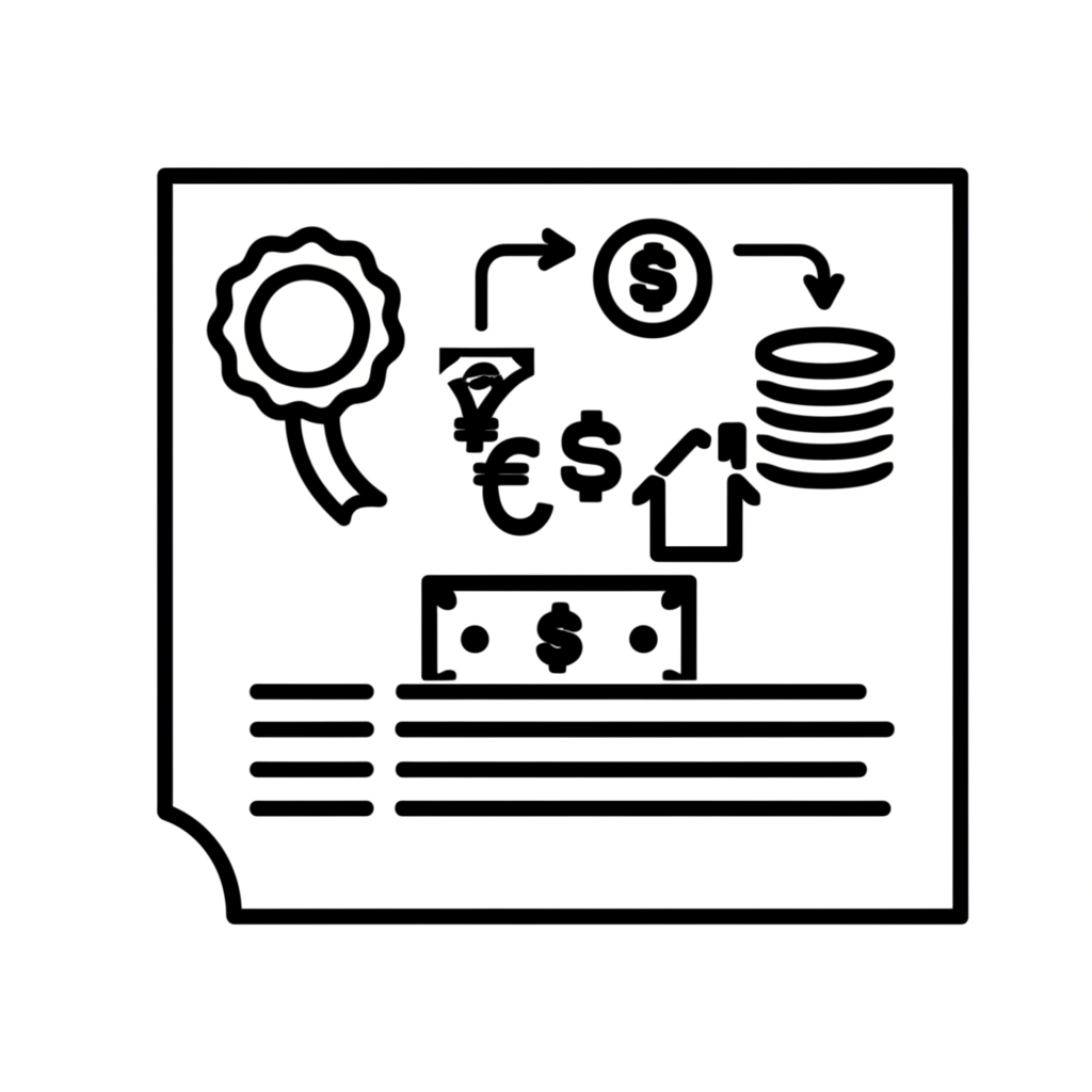 簡化版法律文件或憑證,伴隨財產權利、金錢與交換箭頭的抽象符號,代表市場流通