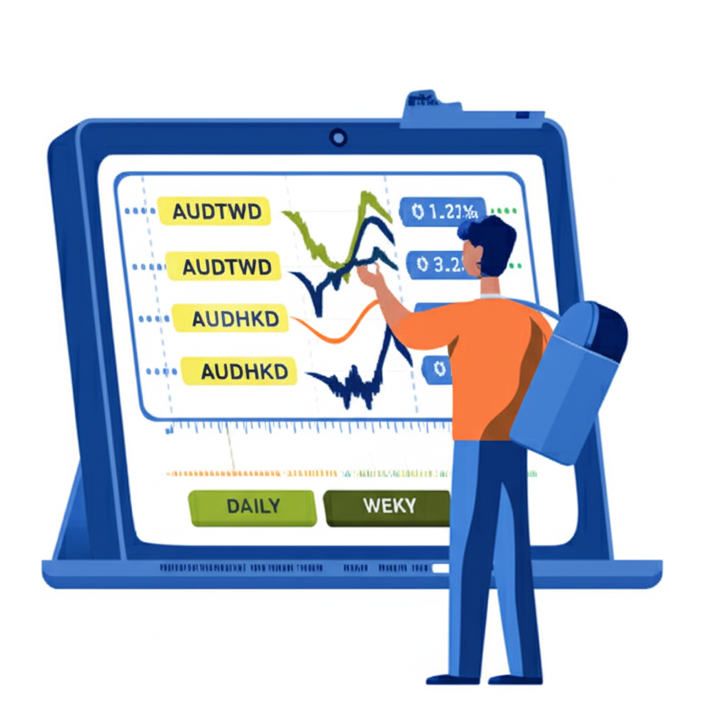 投資者觀看澳元兌台幣和港幣即時互動走勢圖，顯示實時波動與時間軸