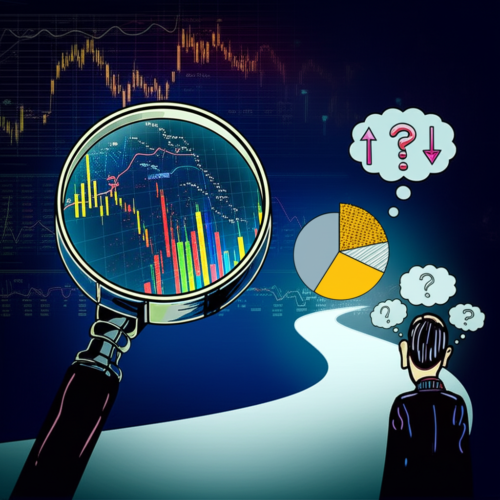 神秘金融市場插圖，放大鏡揭開股票指數圖表，困惑投資者思考市場趨勢與決策通往智慧之路