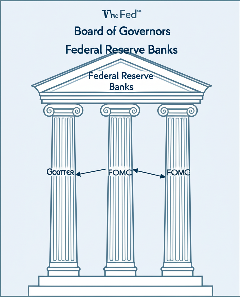 聯準會組織架構三大支柱理事會、聯邦準備銀行與FOMC互聯合作的插圖
