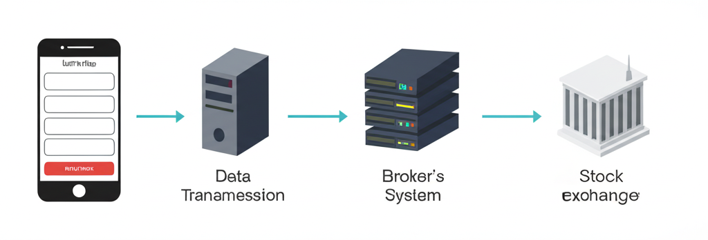 股票預約掛單從使用者APP到券商系統再到交易所的流程插圖,箭頭顯示資料傳輸與自動化