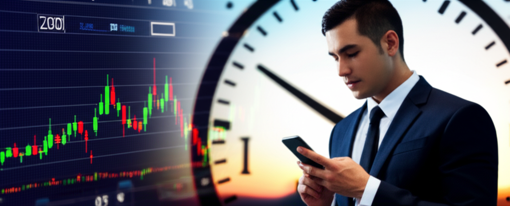 忙碌投資者在交易時段外透過智慧手機管理股票交易的插圖,背景有時鐘象徵時間彈性與效率