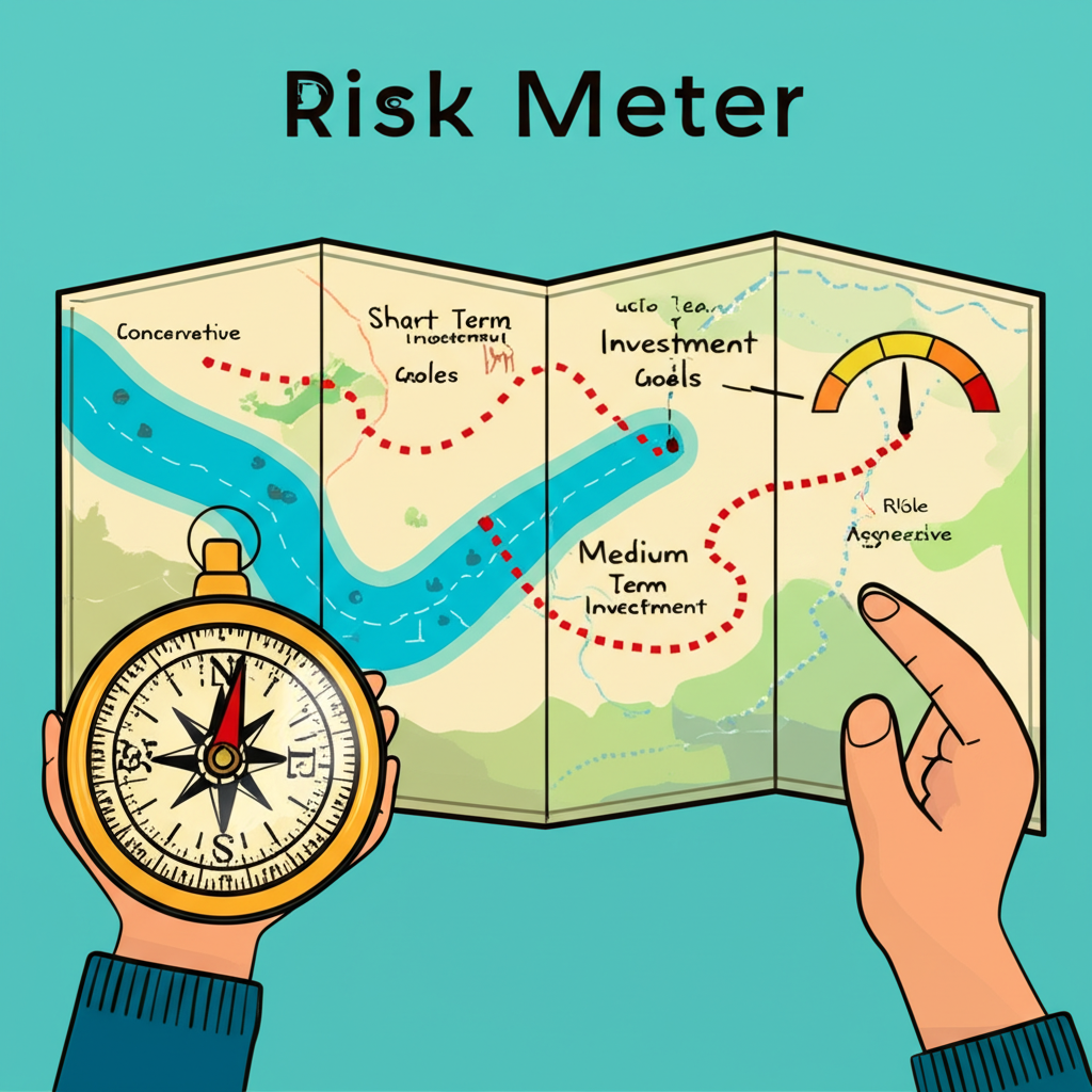 投資目標與風險指南羅盤插圖，顯示短期中期長期路徑與風險等級