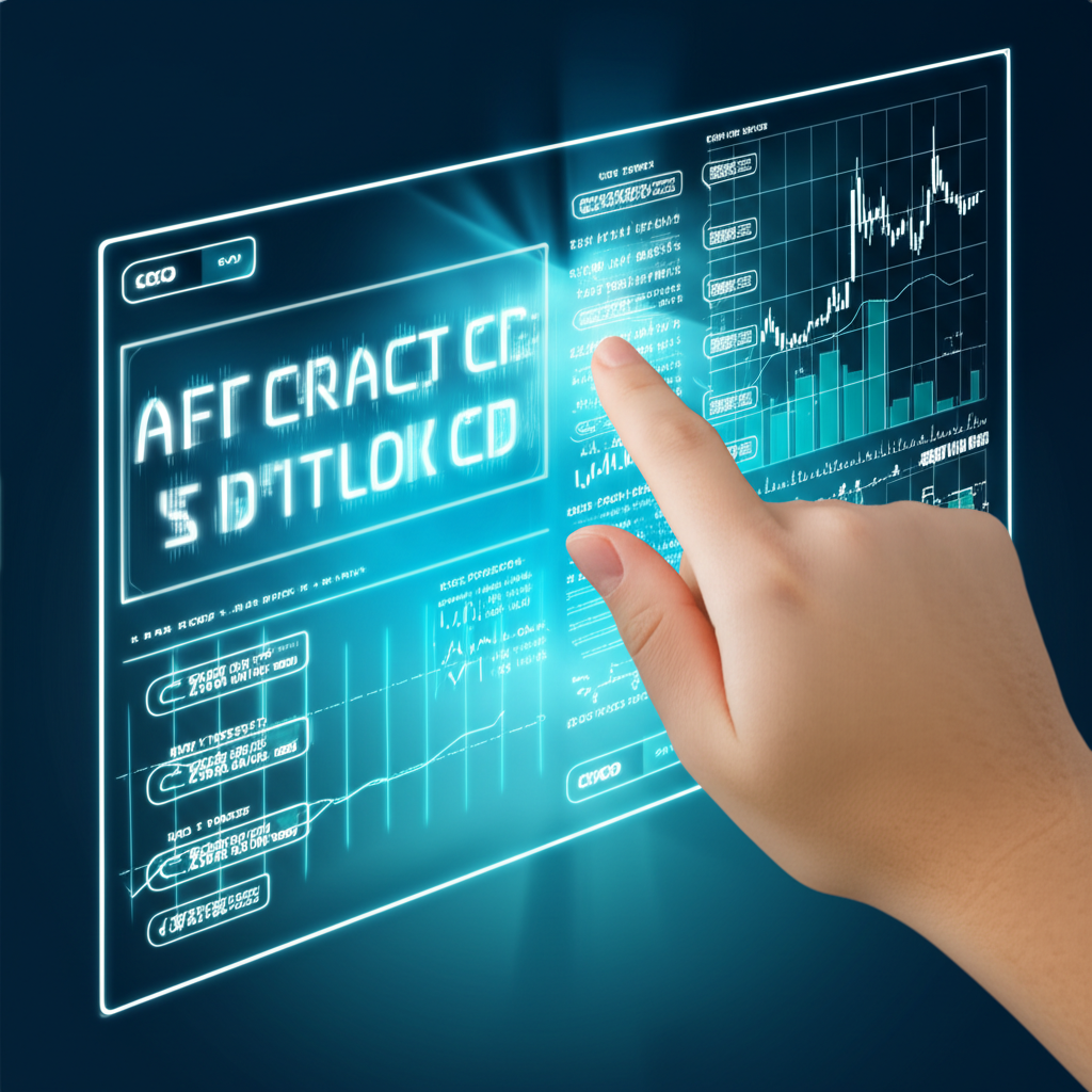 投資人透過數位螢幕進行美股CFD交易，顯示價格圖表與合約符號，強調無需持有實體股票的概念，聚焦投資者與券商的金融協議