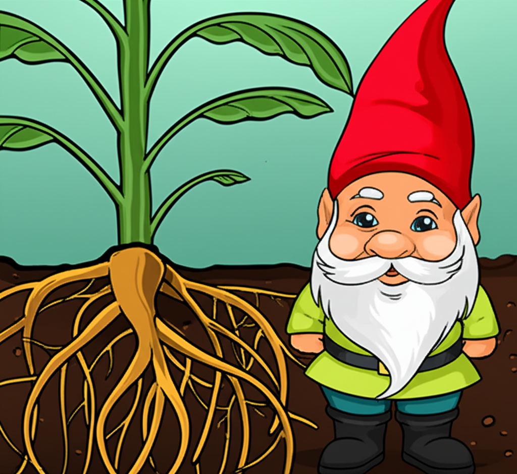 植物生長插圖,根部穩固,旁邊有小精靈,象徵投資資產的長期成長潛力和理解核心原則的重要性