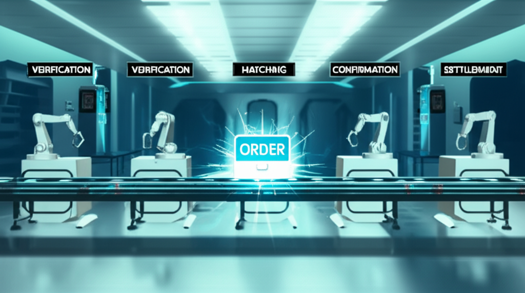 金融交易自動化生產線插圖,展示電子訂單經歷驗證、配對、確認與結算的無人干預流程