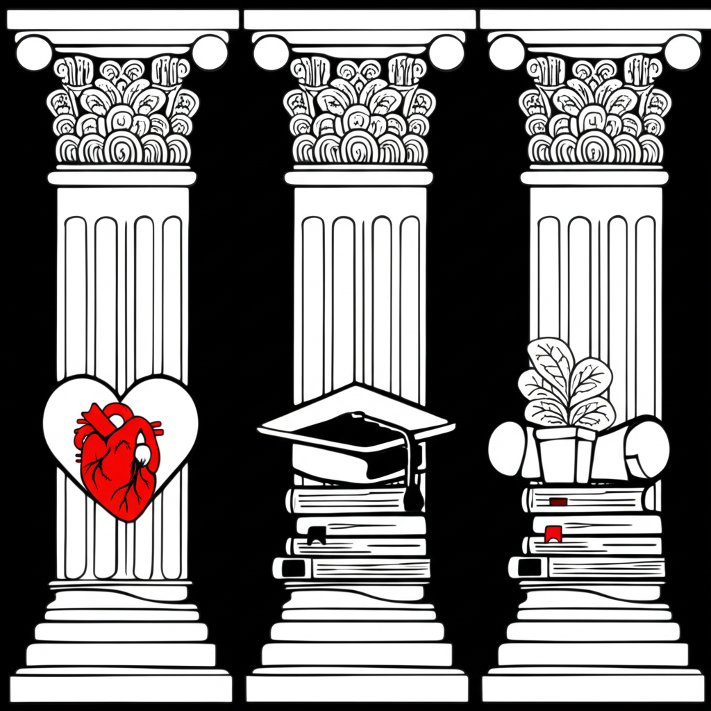 人類發展指數三大支柱插圖，象徵健康長壽、知識獲取與體面生活水準