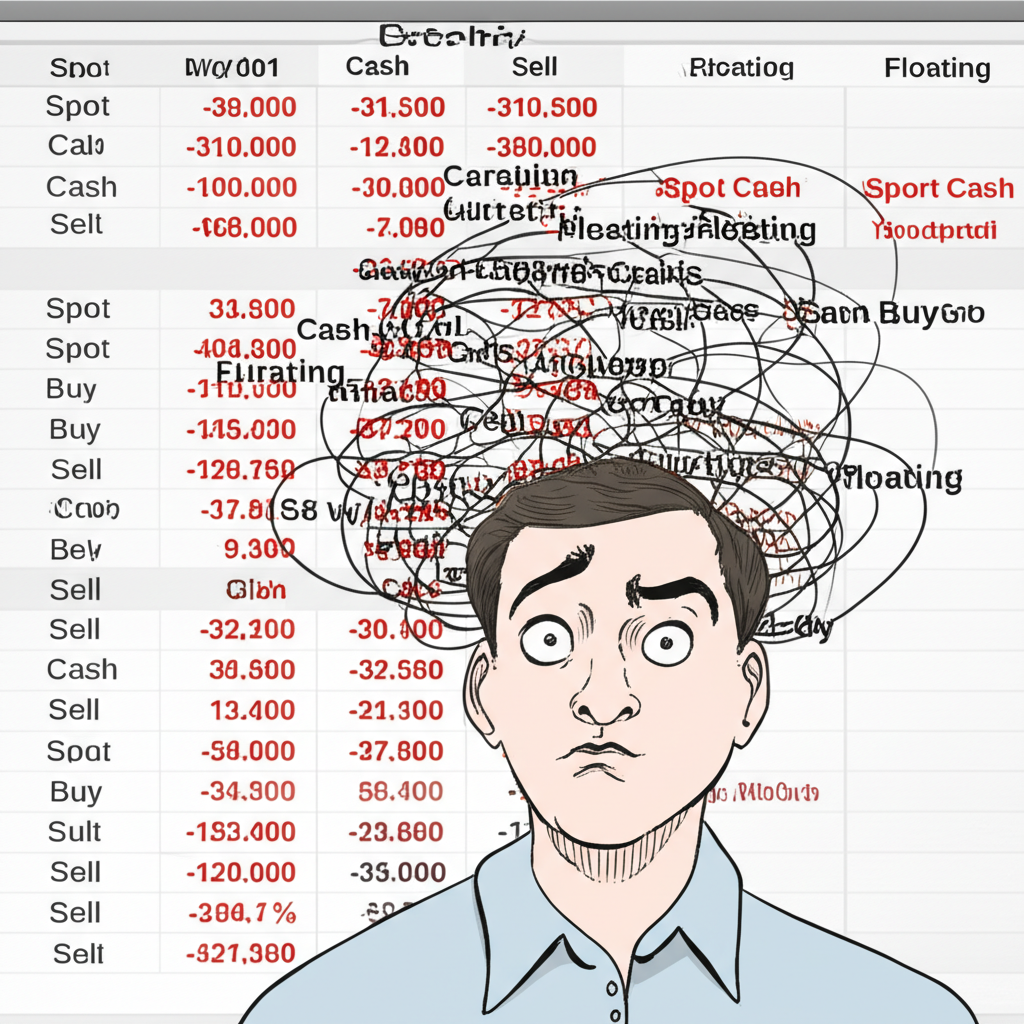 困惑人士面對複雜匯率牌告的插圖，展示貨幣兌換概念