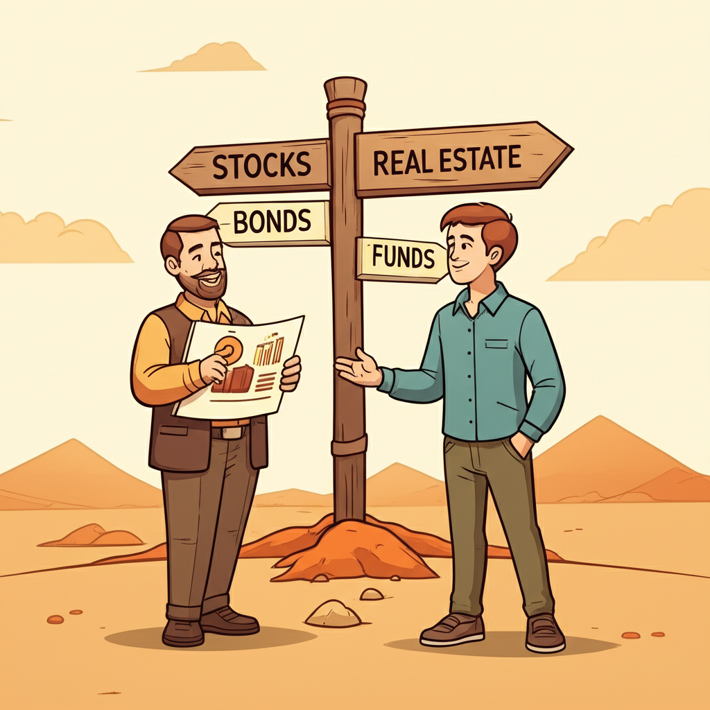 新手投資者在十字路口面對不同投資路徑的指引,包括股票、<a href=