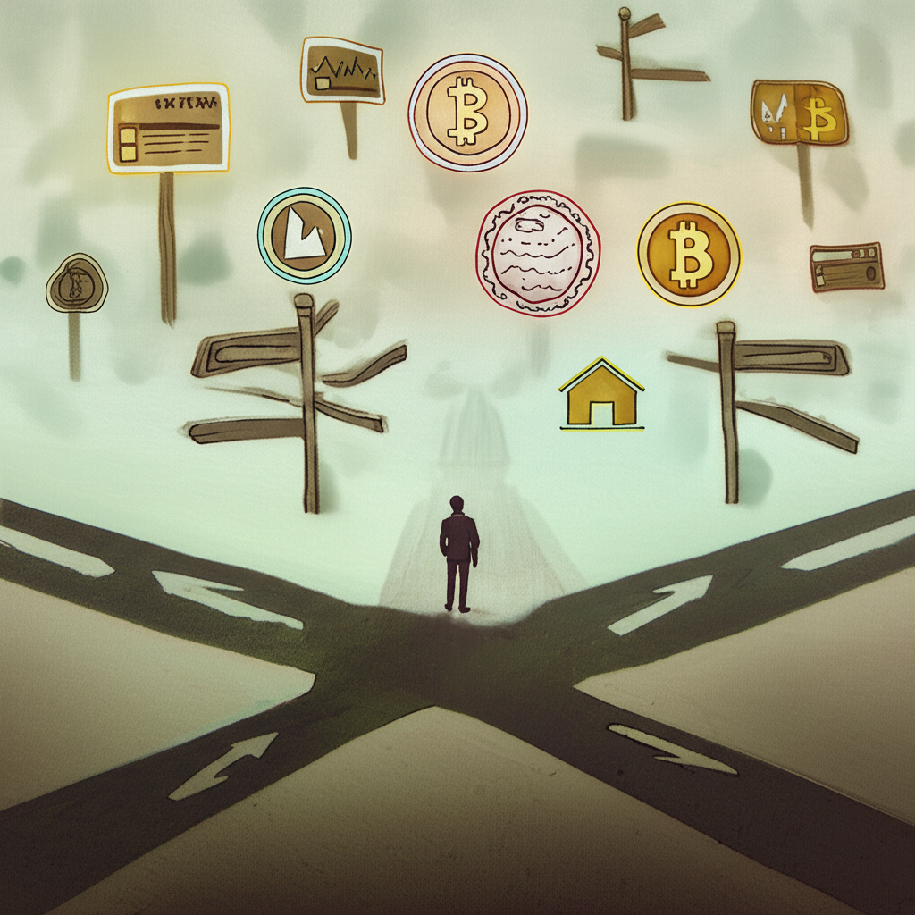投資選擇十字路口插圖，象徵複雜市場中的決策過程