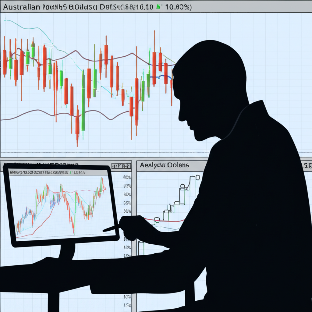金融分析師研究澳元K線圖，包含移動平均線和交易量指標，分析上漲趨勢