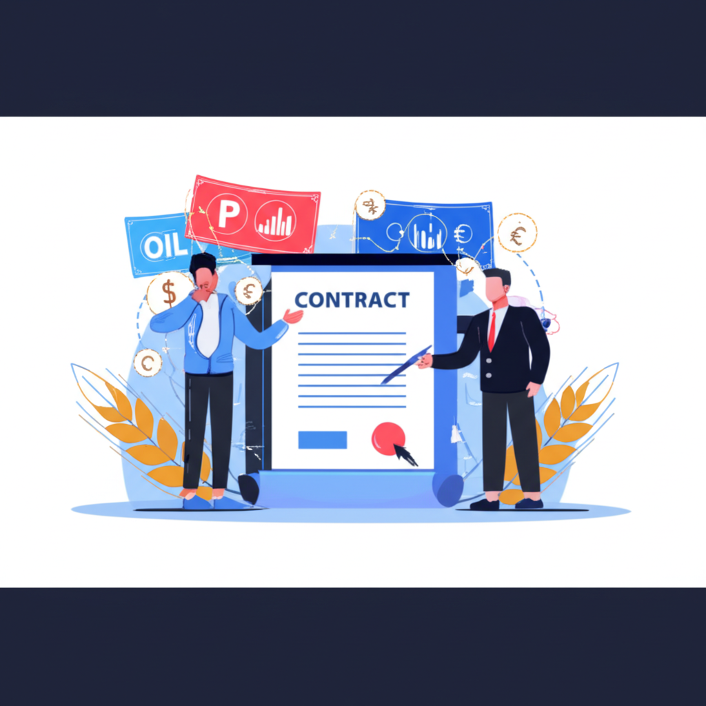 投資者與經紀商簽訂差價合約，周圍浮現股票、外匯、商品和指數等資產，象徵無需擁有資產即可投機價格變動的現代金融場景