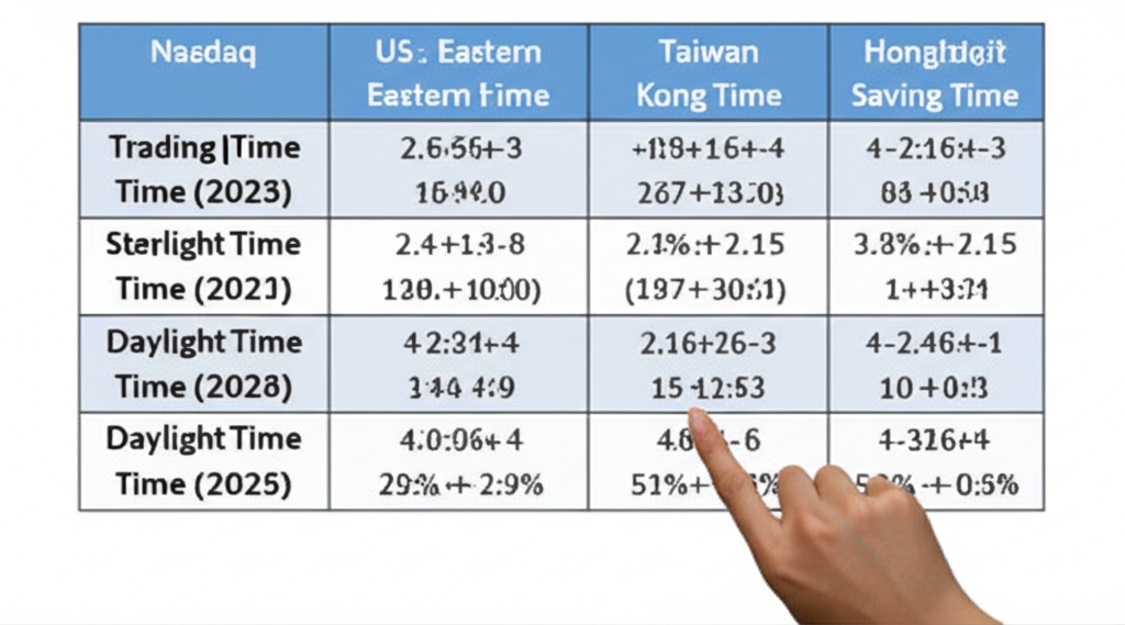那斯達克交易時間對照表圖,顯示美國東岸時間與台灣香港時區的標準與夏令時比較,有人指向表格