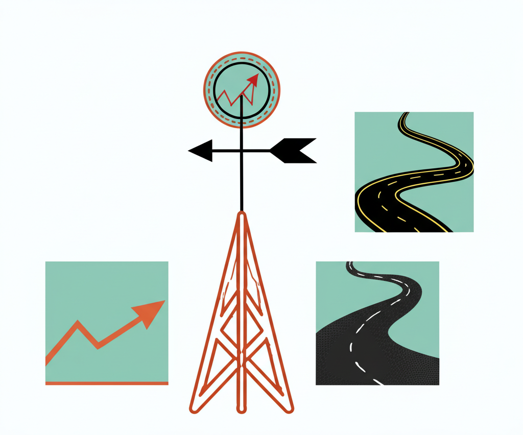 三個場景插圖：圖表上升箭頭代表市場表現，彎曲道路象徵經濟趨勢，比較圖表作為投資基準，全繫於中央市場風向標