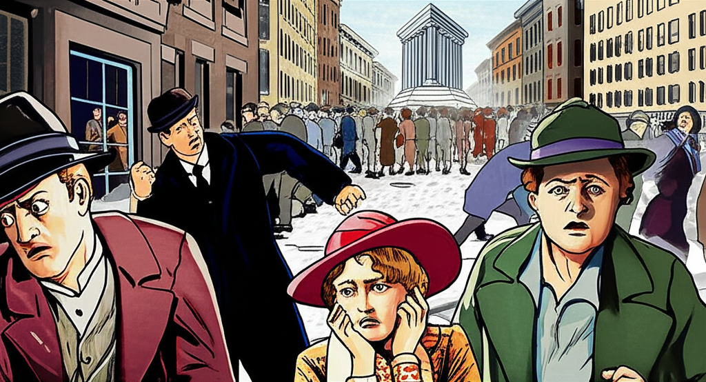 二十世紀初金融恐慌場景與聯邦準備法象徵穩定的歷史插圖