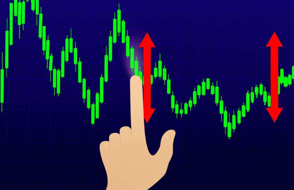 財務圖表顯示上漲與下跌箭頭，象徵多空部位，以及手指指向價格差異，示意動態市場中的盈虧計算