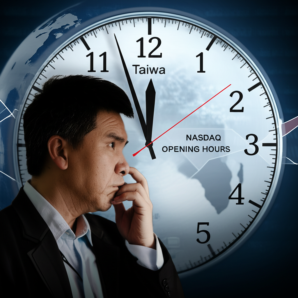 台灣投資人查看那斯達克開盤時間時區對照圖,背景有全球股市地球儀與夏令時概念