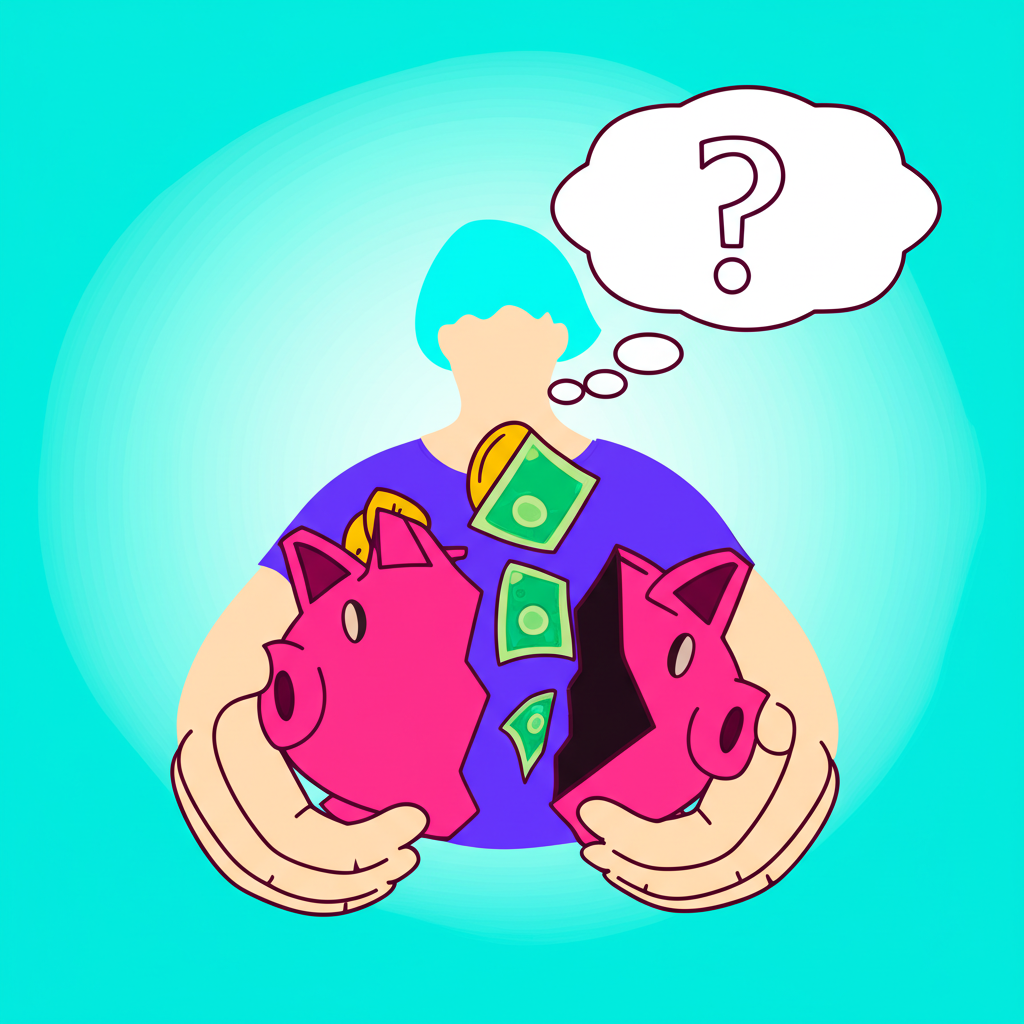 illustration of a person holding a broken piggy bank with money spilling out representing irreversible past investments and a thought bubble showing a question mark about future decisions in a bright economic concept style