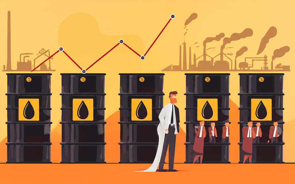 石油危機時間線插圖,顯示四次油價波動對全球經濟的衝擊,包括工廠縮減和民眾擔憂的視覺歷史