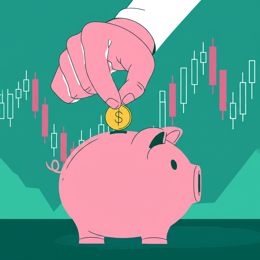 一個人持續將硬幣放入存錢筒的插圖,背景有市場圖表顯示起伏,象徵新手穩定的長期投資