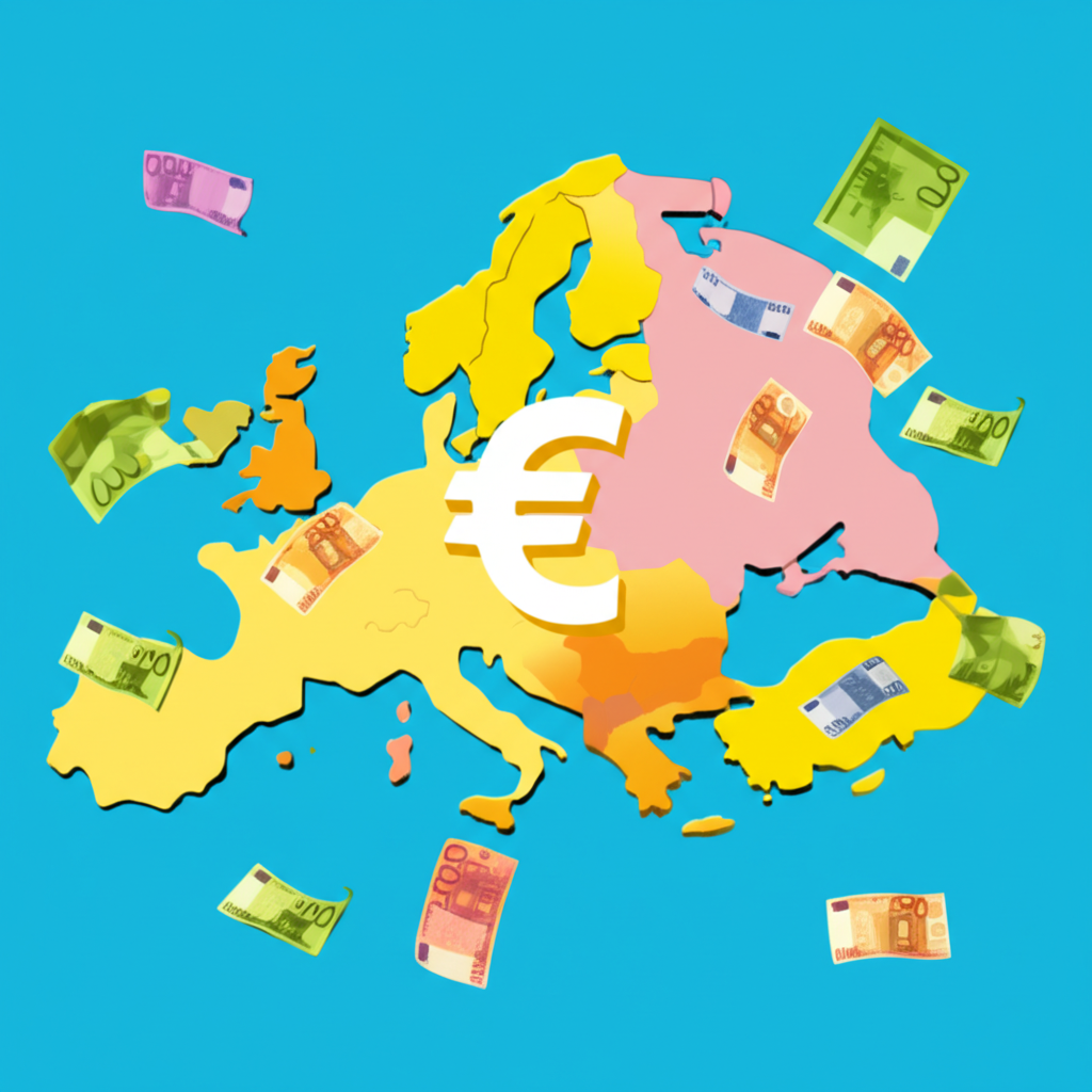 歐洲地圖與多種貨幣插圖，強調歐元的核心地位