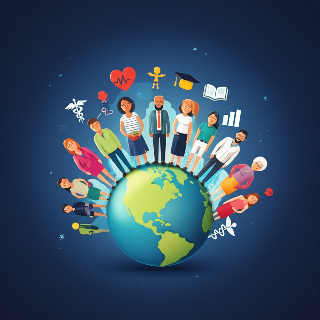 人類發展指數全球福祉插圖，展示多元人群環繞地球，象徵健康、教育與經濟繁榮
