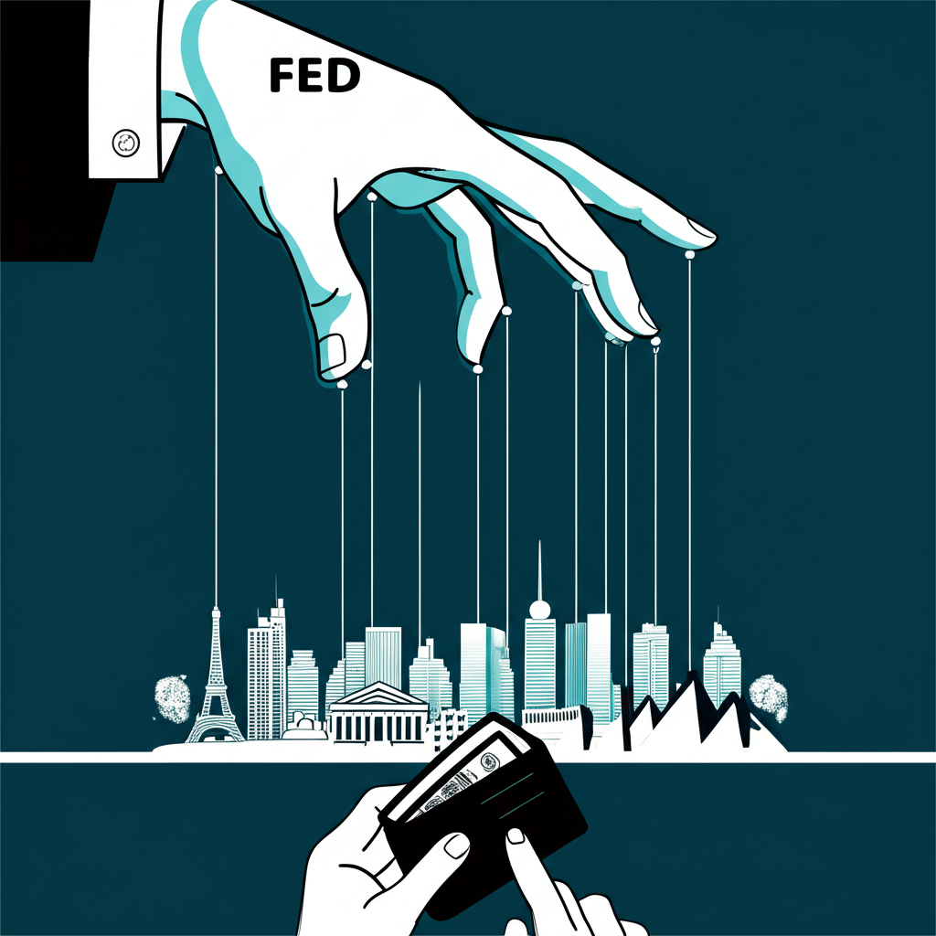 美國聯準會如巨手操控全球經濟脈動的插圖，連結各國與個人錢包