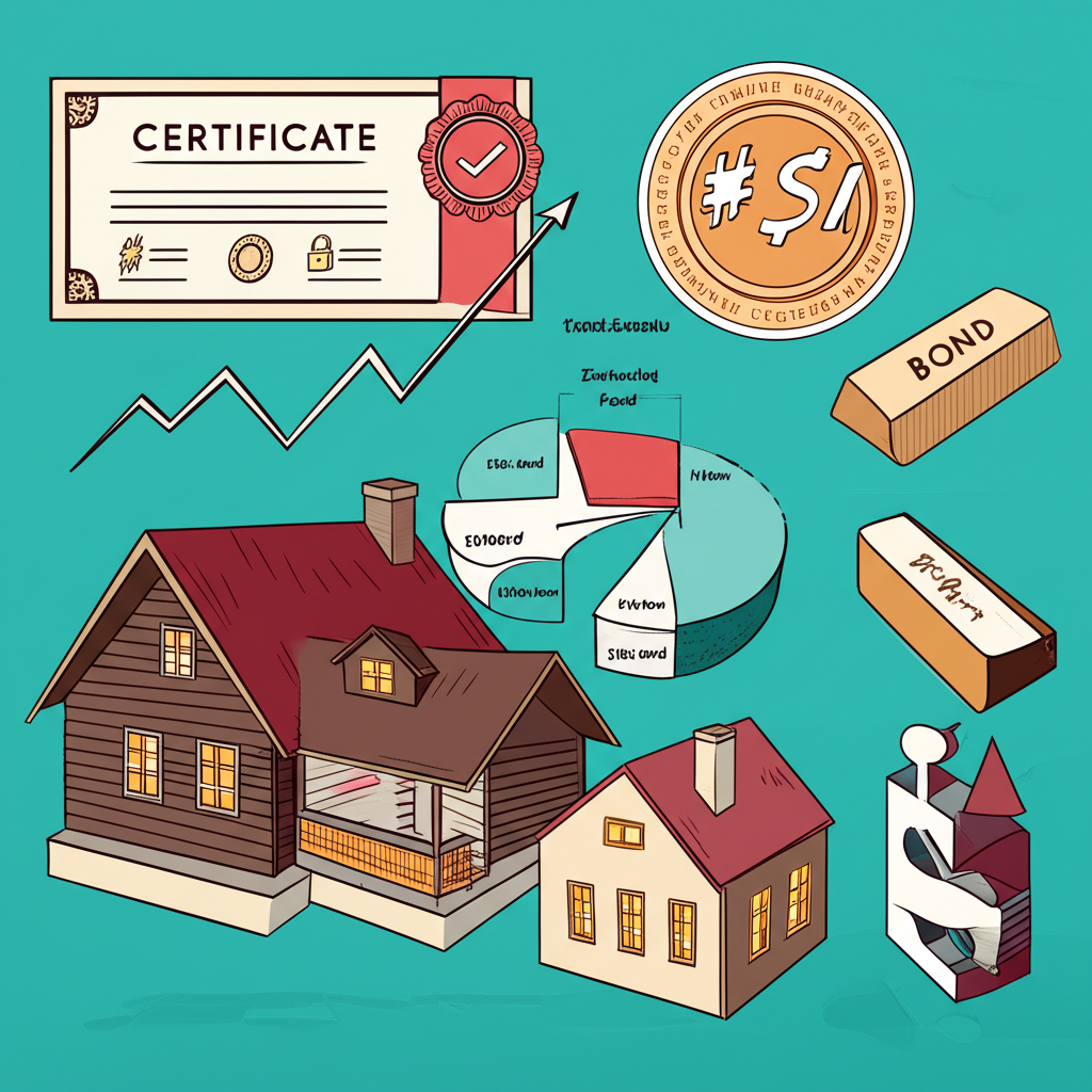 不同投資類型視覺表示插圖，包括股票債券基金房地產與加密貨幣