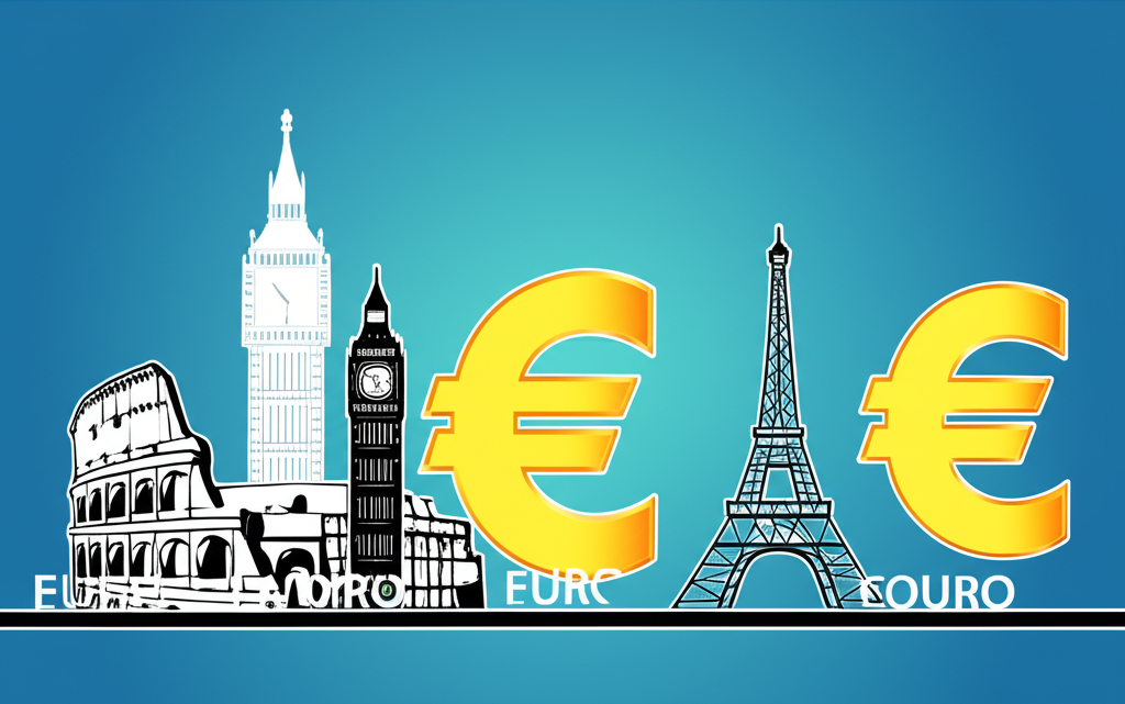 歐元誕生歷史插圖，包含歐洲地標與時間線