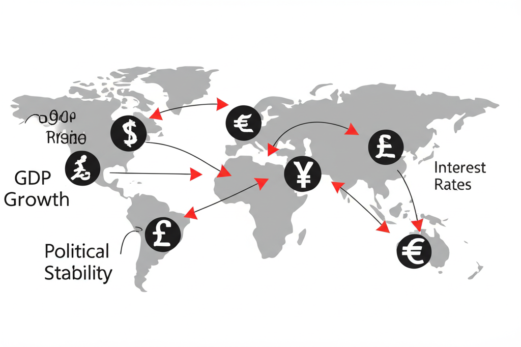 世界地圖顯示各國貨幣與經濟指標如GDP、利率、政治穩定的影響插圖