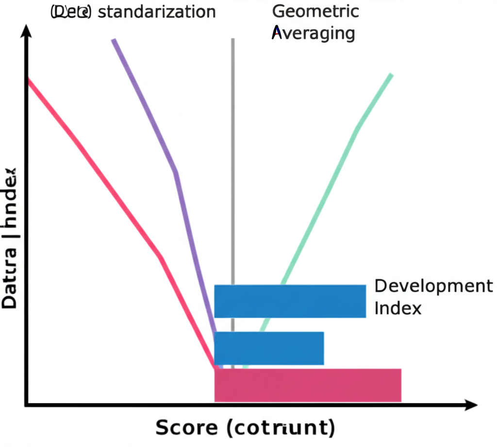 人類發展指數計算插圖，展示數據標準化與幾何平均的抽象過程