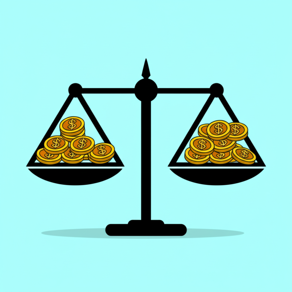 平衡秤上不同大小硬幣的插圖,代表低價時買多單位、高價時買少,以達成時間平均成本