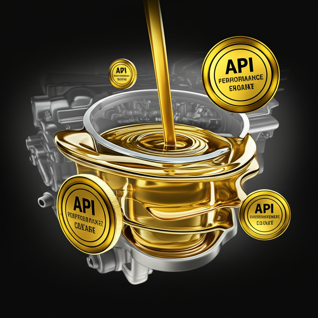 汽車引擎受金色機油保護，周圍浮現API甜甜圈與星爆標誌，象徵高效能引擎機油標準與認證