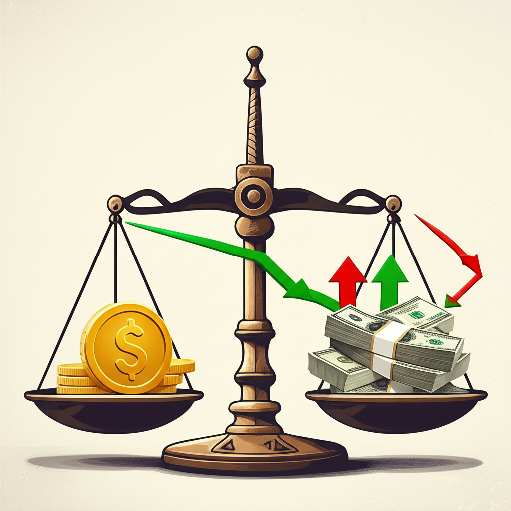 平衡秤一側小額保證金對應另一側大額資金堆疊，箭頭顯示潛在獲利與損失，強調波動市場中的槓桿風險