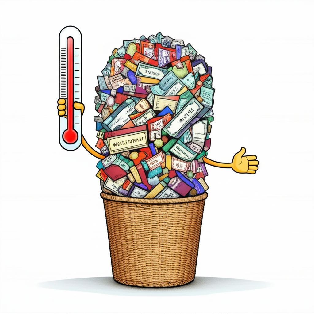 充滿活力的股市插圖，如活體般以溫度計測量健康，籃子溢滿多元公司股票代表整體市場表現