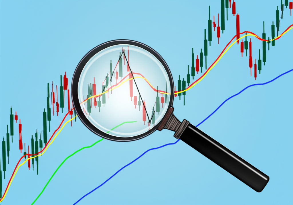 股票圖表上移動平均線交叉的示意圖,放大鏡突出交會點