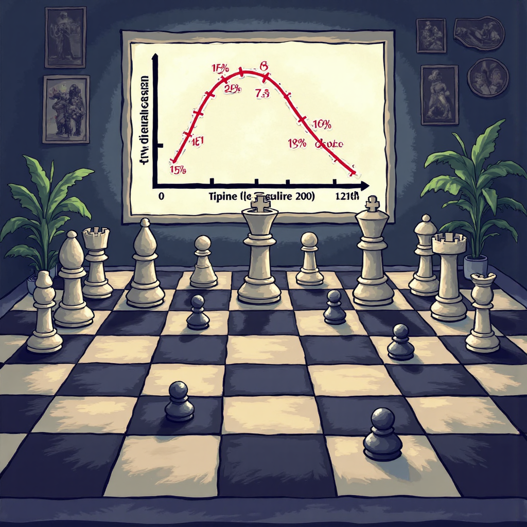 策略遊戲棋盤展示選擇權策略與風險報酬圖表，營造冷靜分析氛圍