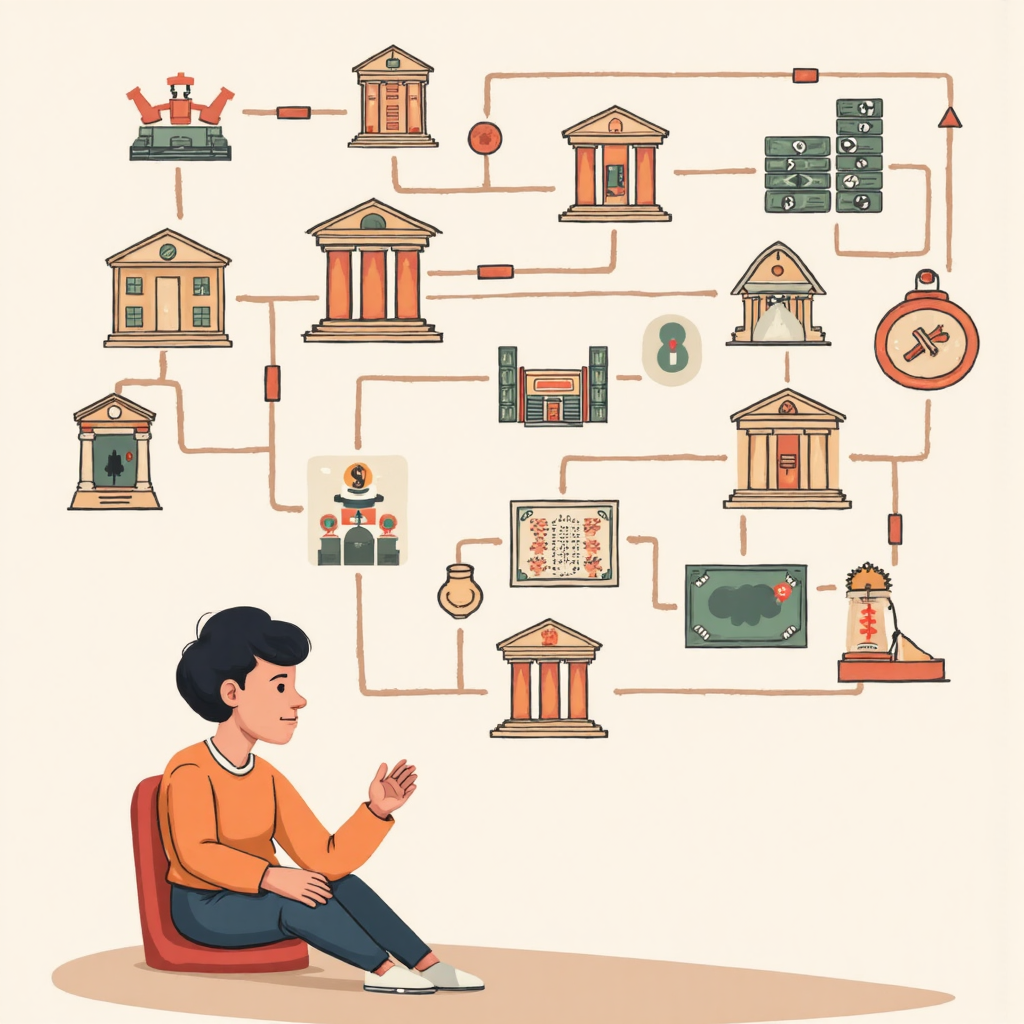 好奇的人注視著複雜的金錢交易流程圖，周圍浮現銀行圖標和貨幣符號，呈現現代像素藝術風格