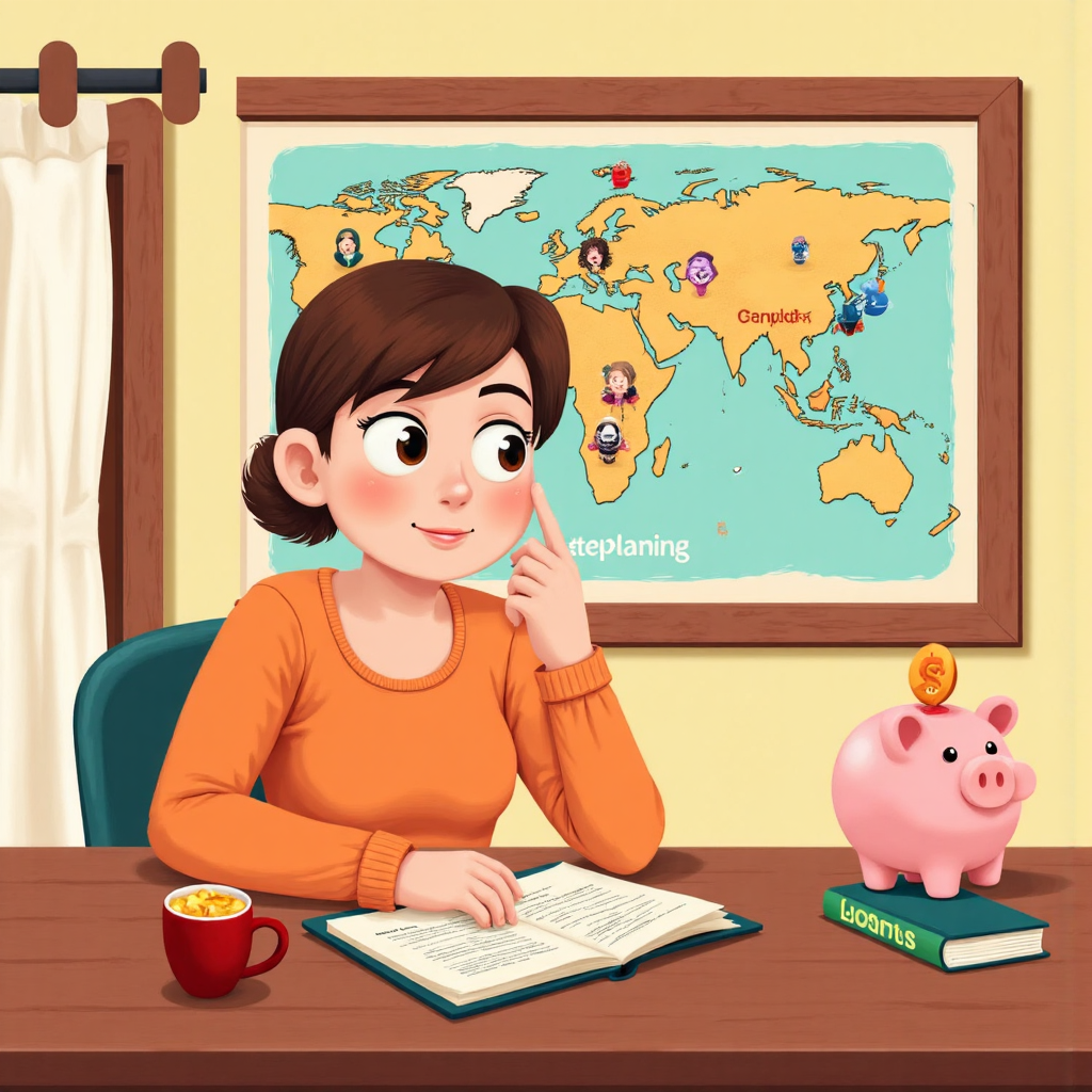 像素藝術風格的財務規劃插圖,人物手持美元豬仔銀行眺望世界地圖