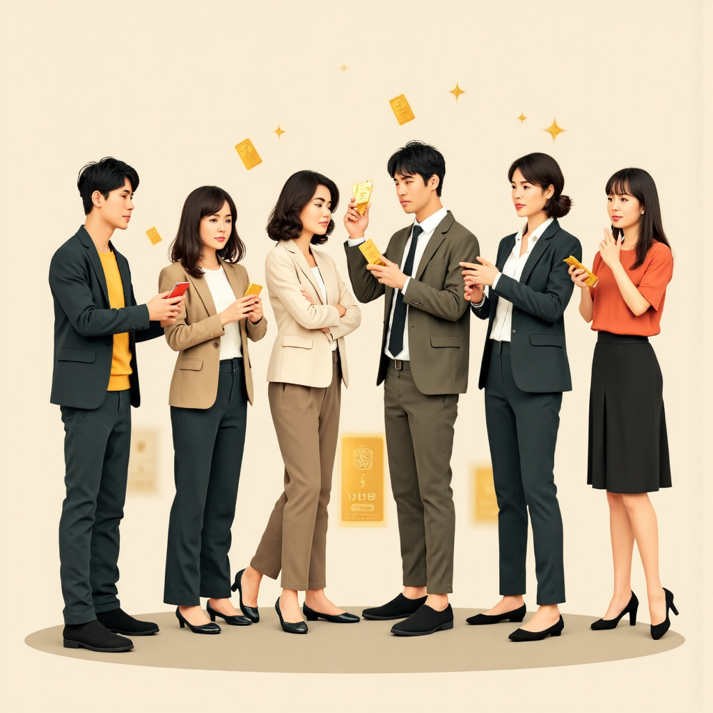 台灣多元投資者透過數位裝置投資黃金條與ETF,展現風險平衡與財務安全的優雅插圖