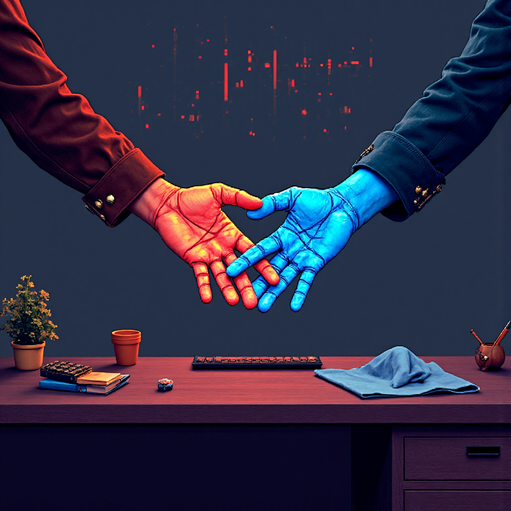 交易桌前交織雙手的像素藝術，代表直接與間接報價方法的溫暖與冷調對比