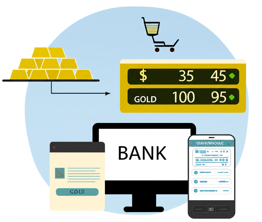 銀行介面顯示帳戶黃金數量與數位交易流程,代表紙黃金的買賣過程