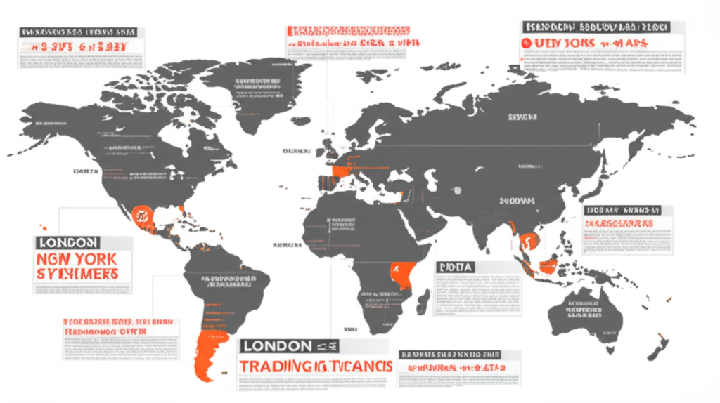 世界地圖顯示倫敦、紐約、東京等金融中心重疊交易時段的插圖，周圍環繞經濟數據和新聞影響貨幣流動
