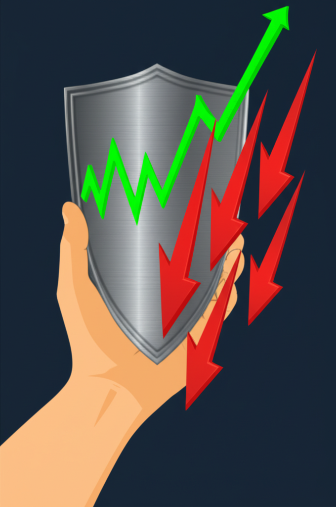 看跌期權作為保護盾牌的插圖，展示手持盾牌阻擋下跌箭頭，象徵賣出權利與特定價格的防護概念