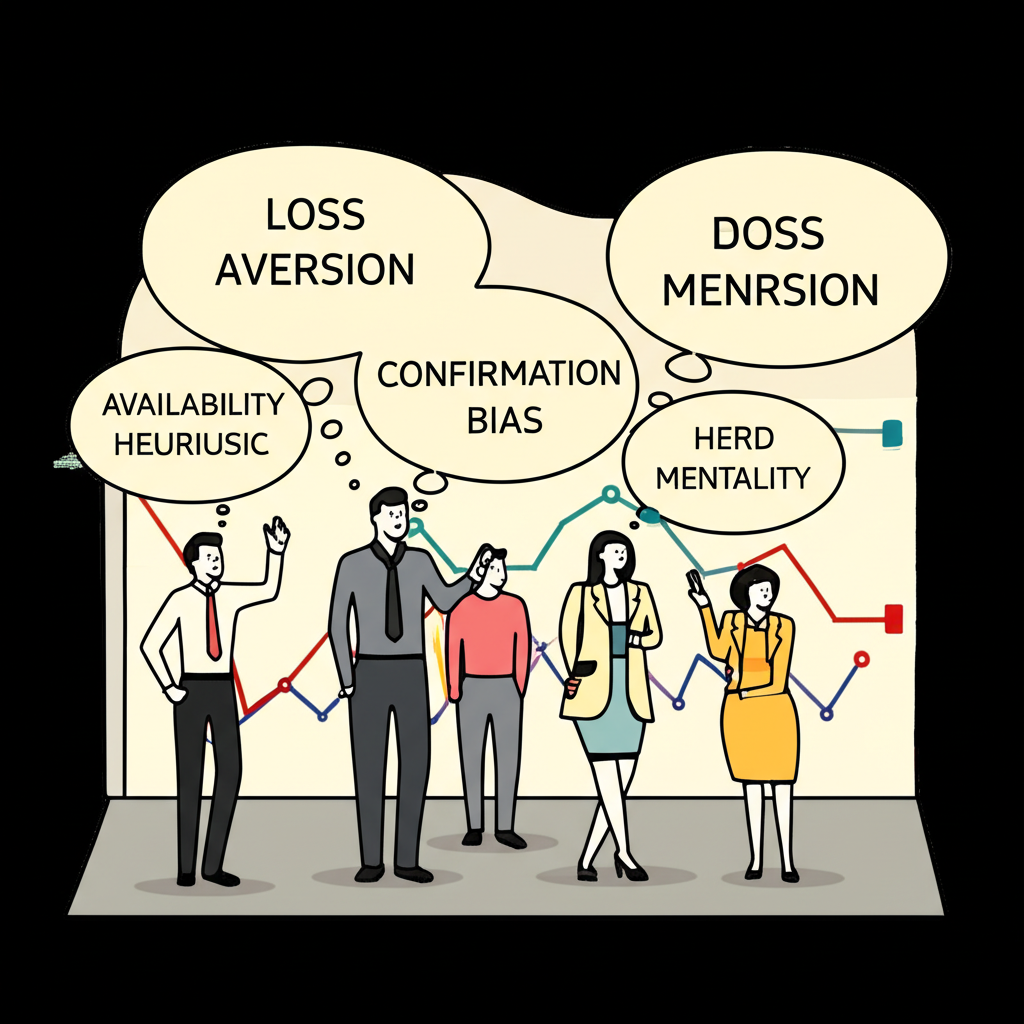 人類心理偏差插圖,展示思想泡泡中的投資者與市場圖表互動,象徵行為金融與集體心理的機會與風險