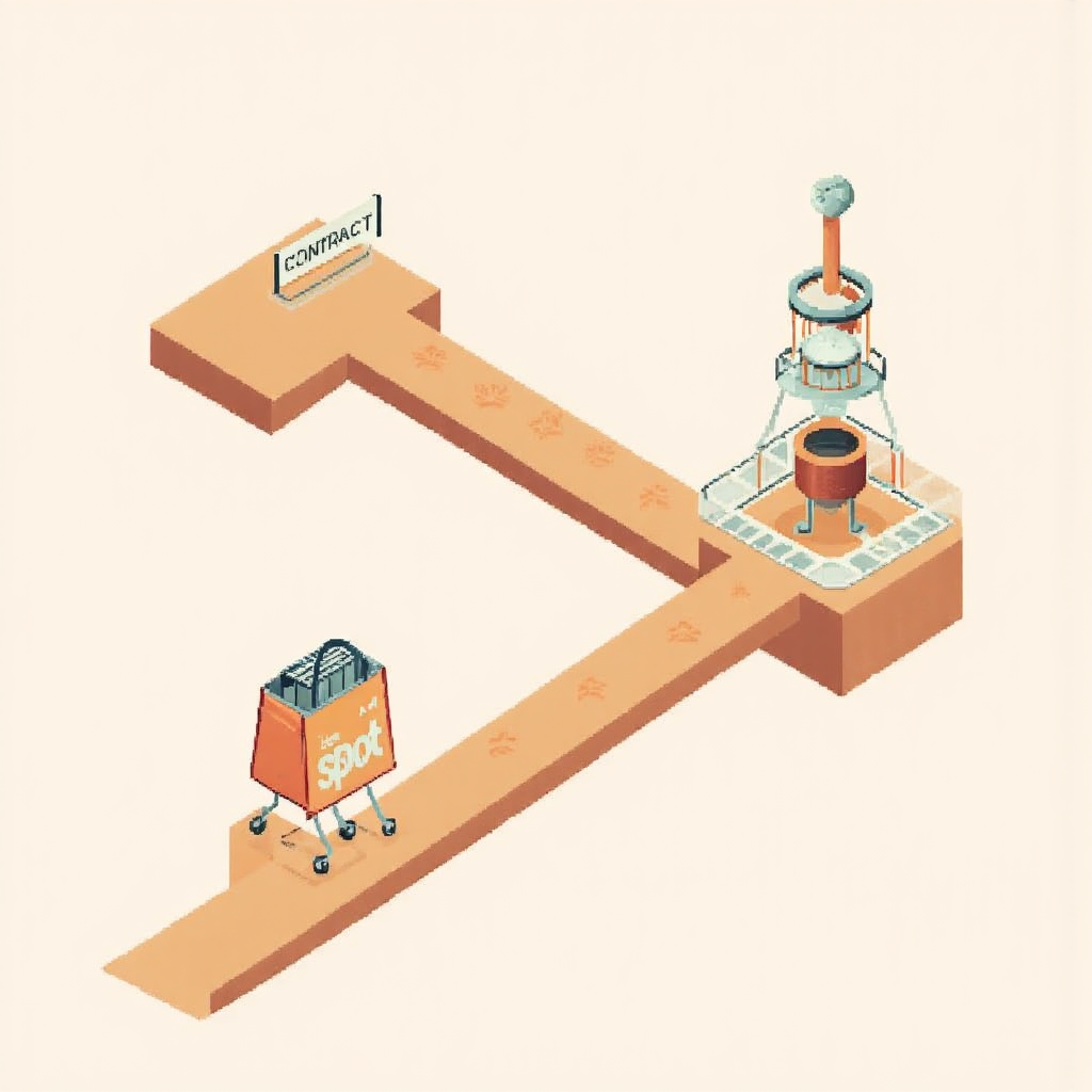 現貨與合約路徑比較的像素藝術插圖,一邊是即時購物袋,另一邊是未來日曆,突顯差異